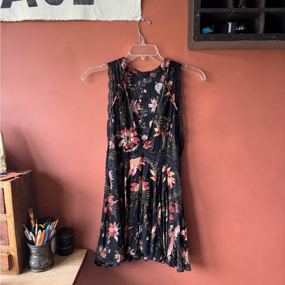 Free People Black Floral Lace-Trim Mini Dress with Pink & Cream Blooms